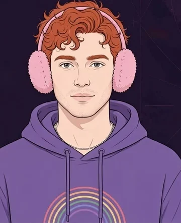 Alphe, de protetores auriculares cor-de-rosa e camisola roxa com o arco-íris