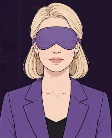 Cristina, de olhos vendados e casaco roxo